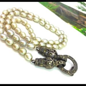 Vintage 925 silver marcasite pearl choker necklace